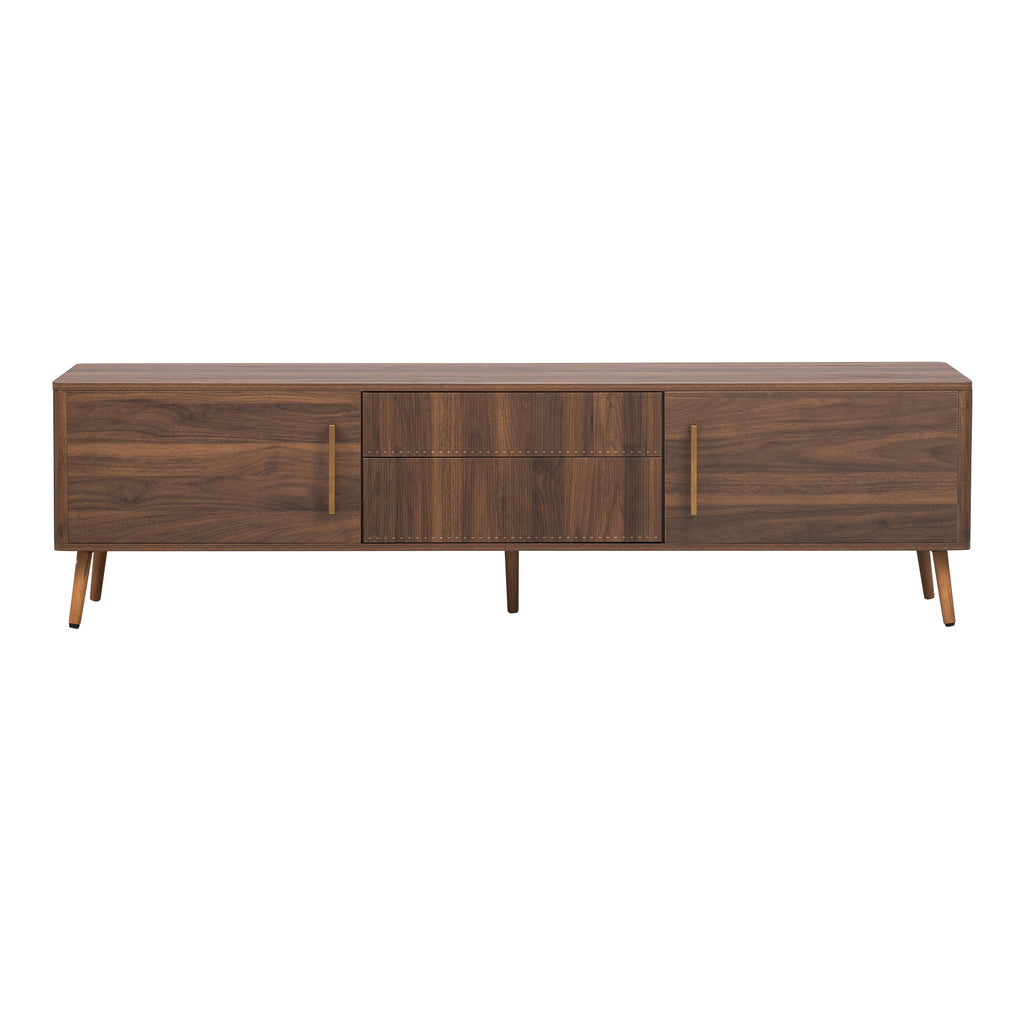 Walnut solid wood mid-century TV stand with two drawers, featuring a sleek, natural finish and clean modern design.