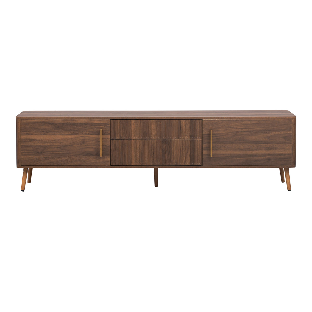 Walnut solid wood mid-century TV stand with two drawers, featuring a sleek, natural finish and clean modern design.