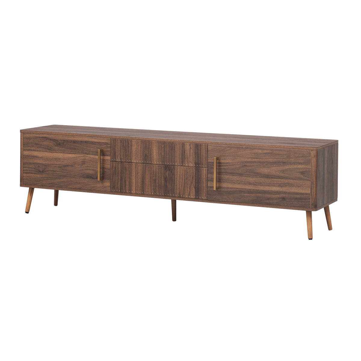 Walnut solid wood mid-century TV stand with two drawers by Anthony & Home, featuring a sleek, modern design for living room storage.