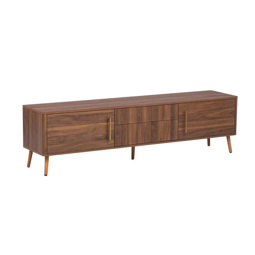 Walnut solid wood mid-century TV stand with two drawers by Anthony & Home, showcasing a sleek, modern design and natural wood grain.