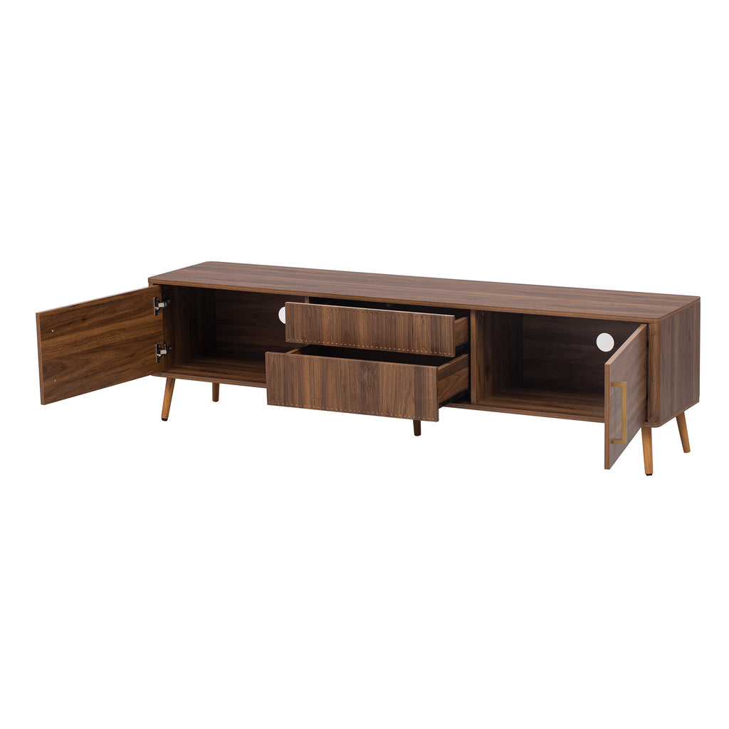 Walnut solid wood mid-century TV stand with two drawers from Anthony & Home, featuring a sleek, modern design.