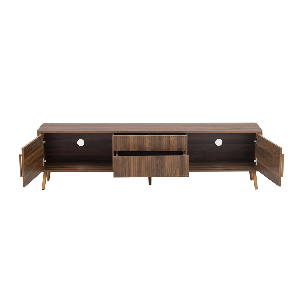 Walnut solid wood mid-century TV stand with two drawers by Anthony & Home, showcasing a sleek, modern design and natural wood grain.