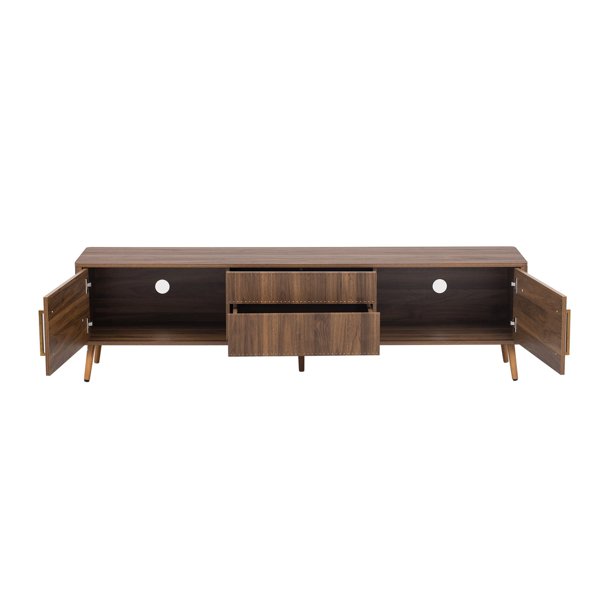 Walnut solid wood mid-century TV stand with two drawers by Anthony & Home, showcasing a sleek, modern design and natural wood grain.