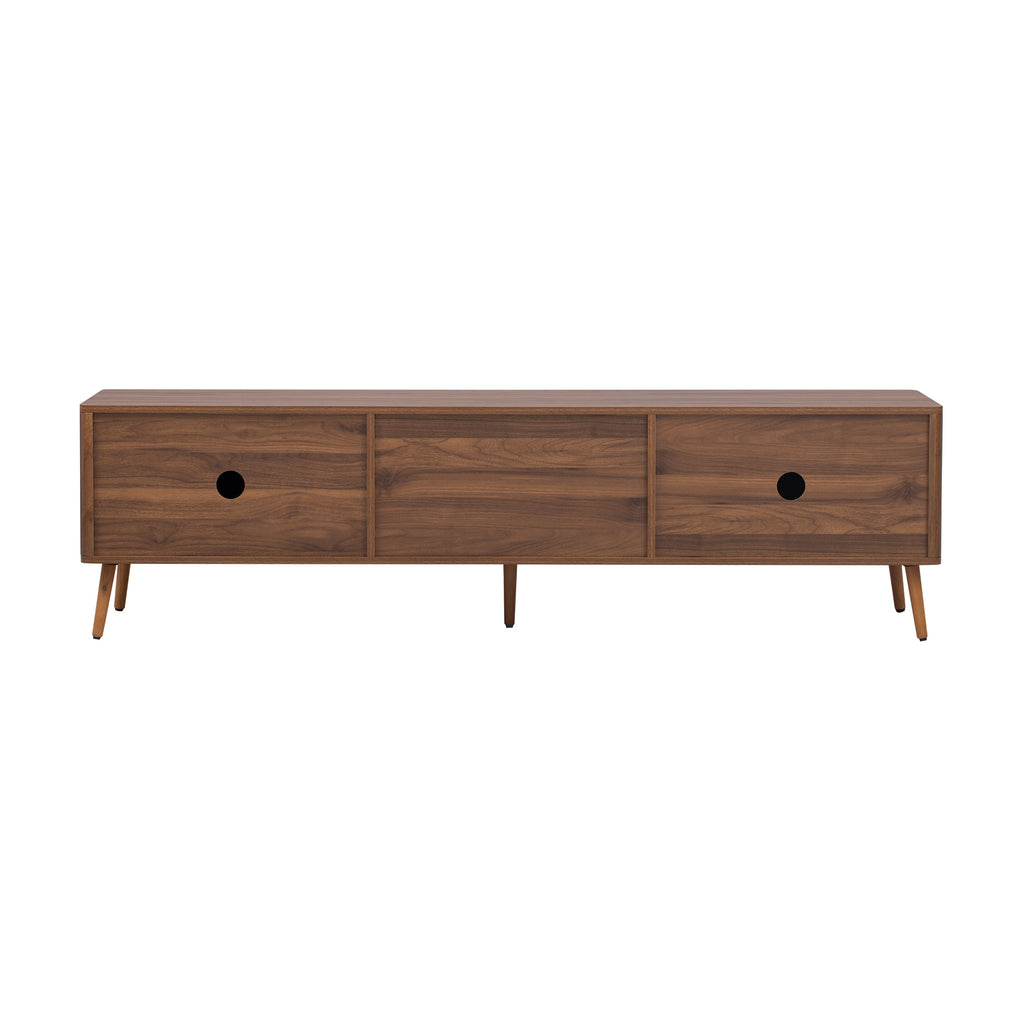Walnut solid wood mid-century TV stand with two drawers by Anthony & Home, showcasing sleek design and natural wood grain.