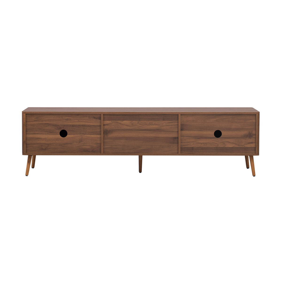 Walnut solid wood mid-century TV stand with two drawers by Anthony & Home, showcasing sleek design and natural wood grain.