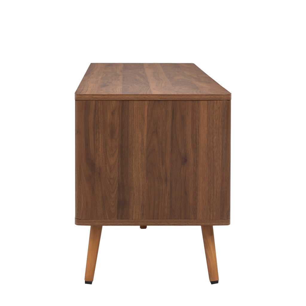 Walnut solid wood mid-century TV stand with two drawers from Anthony & Home, showcasing sleek design and natural wood grain.