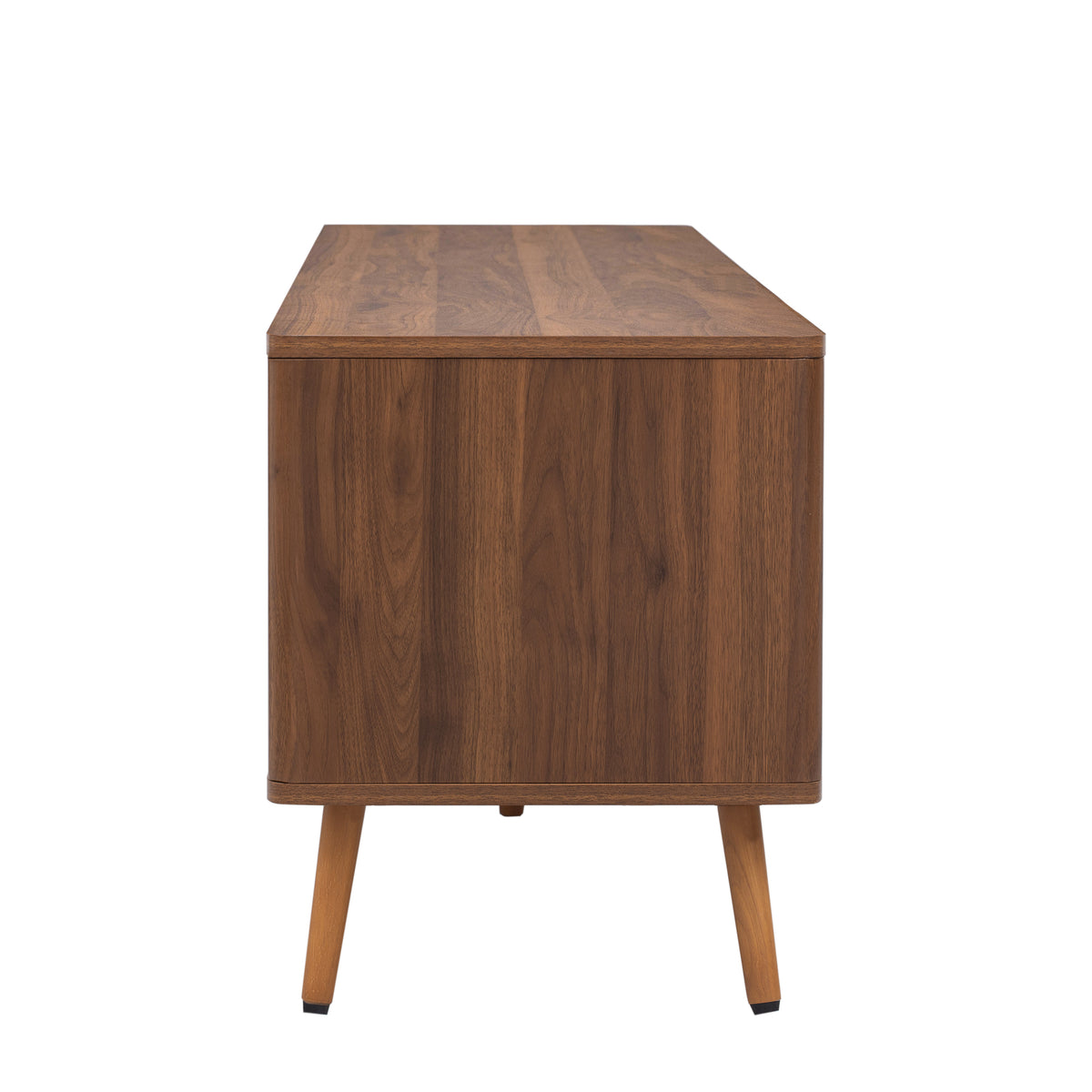 Walnut solid wood mid-century TV stand with two drawers from Anthony & Home, showcasing sleek design and natural wood grain.