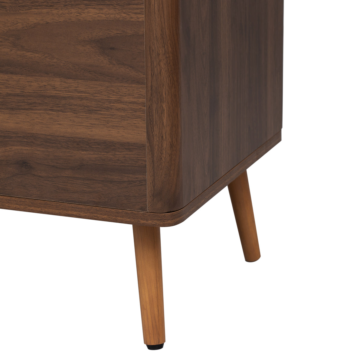 Walnut solid wood mid-century TV stand with two drawers by Anthony & Home, showcasing a sleek, vintage-inspired design.