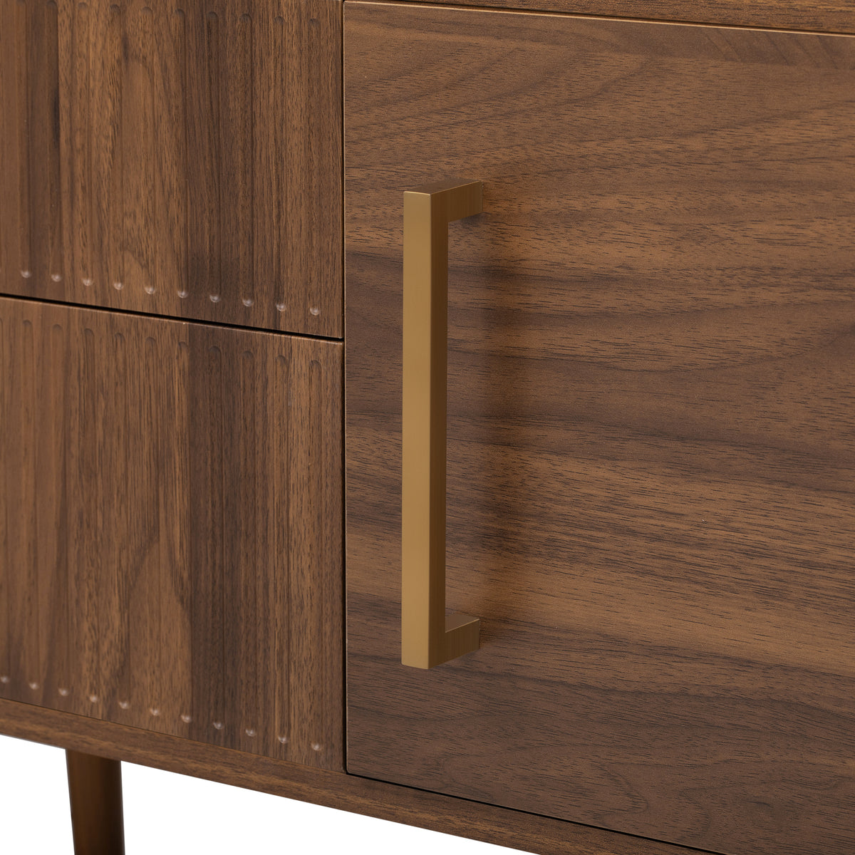 Walnut solid wood mid-century TV stand with two drawers by Anthony & Home, showcasing a sleek, modern design and natural wood finish.