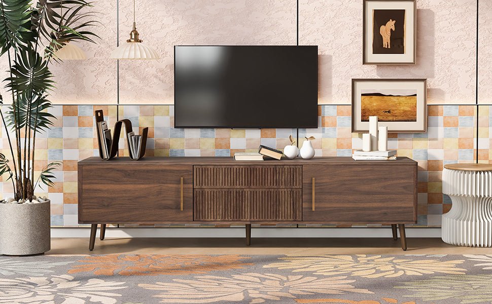 Walnut solid wood mid-century TV stand with two drawers by Anthony & Home, featuring a sleek modern design and natural wood finish.