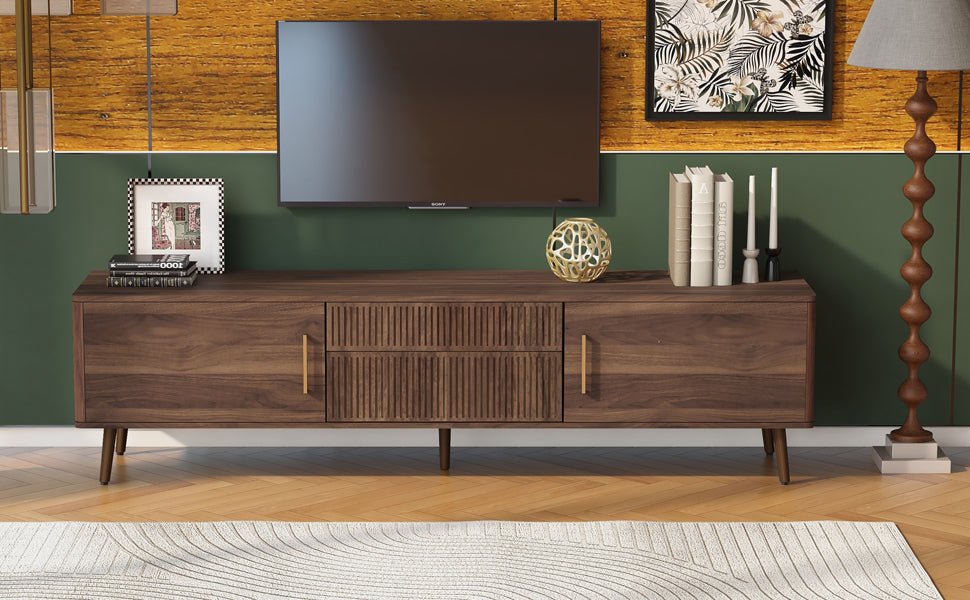 Walnut solid wood mid-century TV stand with two drawers by Anthony & Home, showcasing sleek design and natural wood grain.