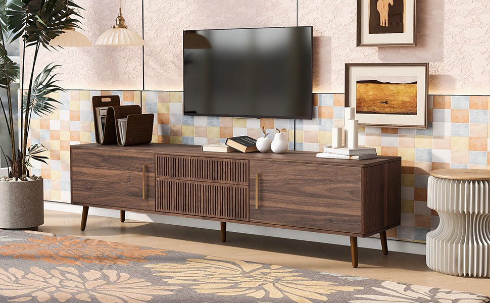 Walnut solid wood mid-century TV stand with two drawers from Anthony & Home, showcasing a sleek, modern design.