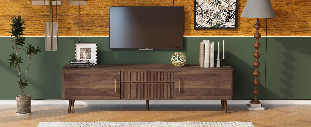 Walnut solid wood mid-century TV stand with two drawers by Anthony & Home, featuring sleek modern design and natural wood finish.
