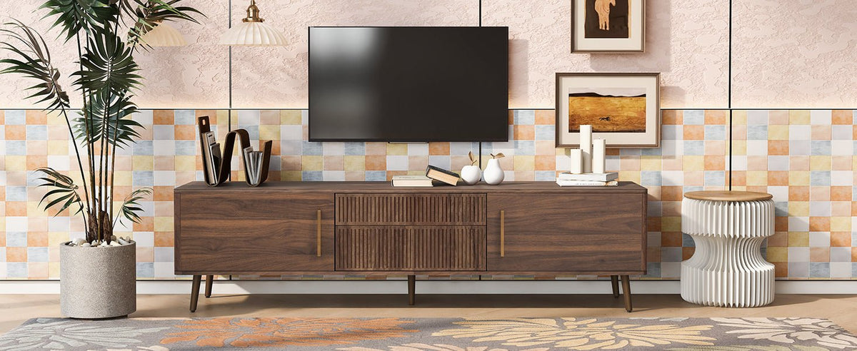 Anthony & Home Walnut solid wood mid-century TV stand with two drawers, featuring a sleek and stylish design for living room decor.