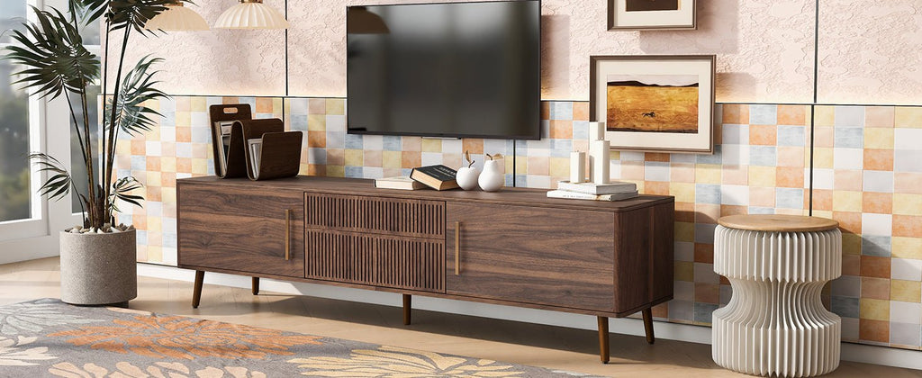 Walnut solid wood mid-century TV stand with two drawers by Anthony & Home, showcasing a sleek, natural wood finish and modern design.