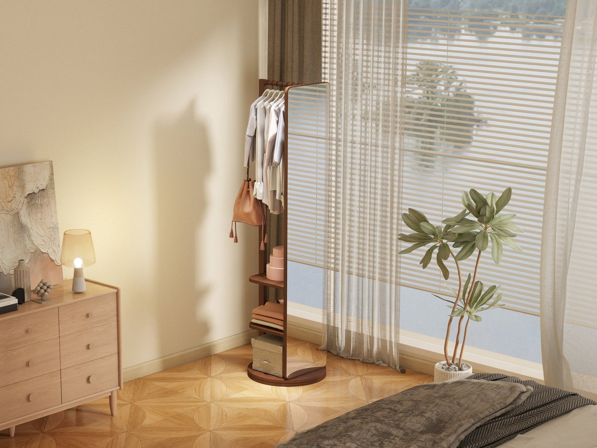Walnut-stained rubberwood full-length mirror from Anthony & Home showing a sleek, modern standing mirror with a sturdy frame.