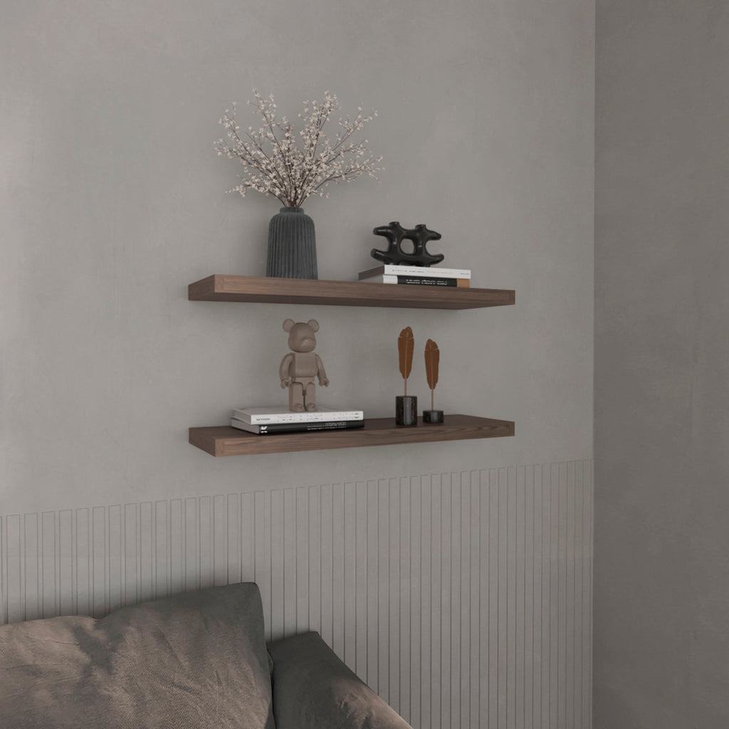 Anthony & Home walnut two-tier floating shelves, limited edition, showcasing sleek wood design with clean lines and modern style.
