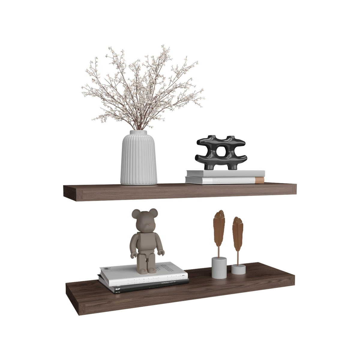 Walnut two-tier floating shelves by Anthony & Home, showcasing sleek wooden design with two sturdy tiers for storage or display.