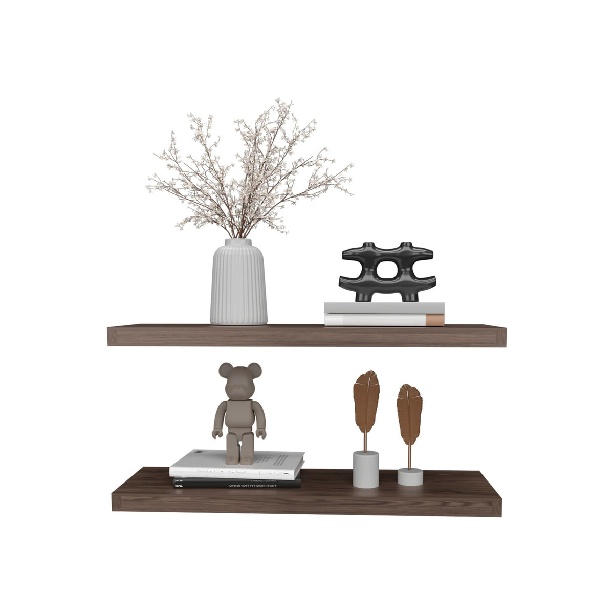 Walnut two-tier floating shelves by Anthony & Home mounted on a wall, showcasing modern storage and display space.
