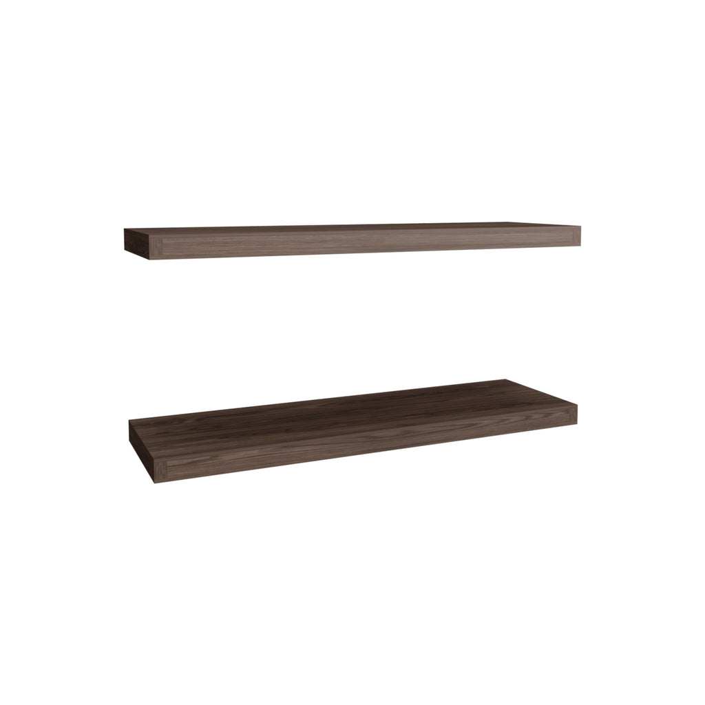 Walnut two-tier floating shelves by Anthony & Home mounted on a wall, showcasing modern storage and display space.