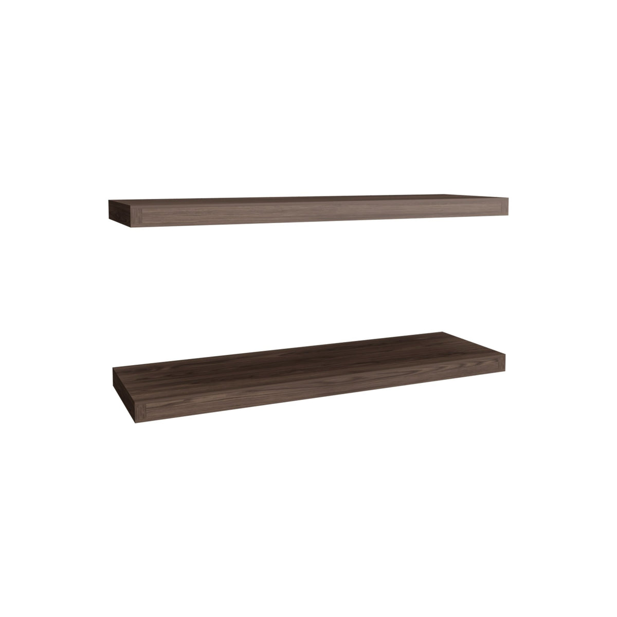 Walnut two-tier floating shelves by Anthony & Home mounted on a wall, showcasing modern storage and display space.