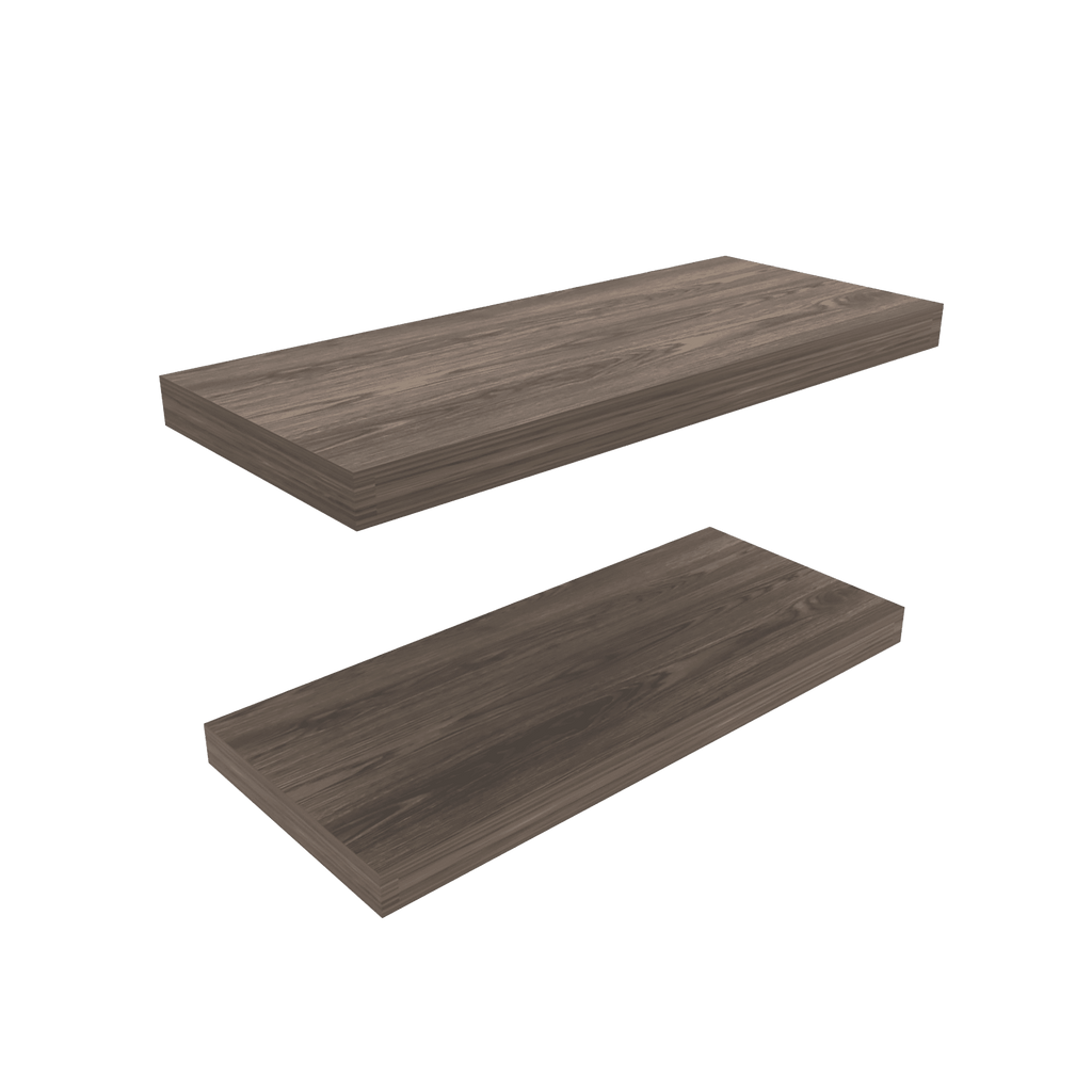Walnut two-tier floating shelves by Anthony & Home, showcasing sleek, modern wall-mounted storage for home organization.