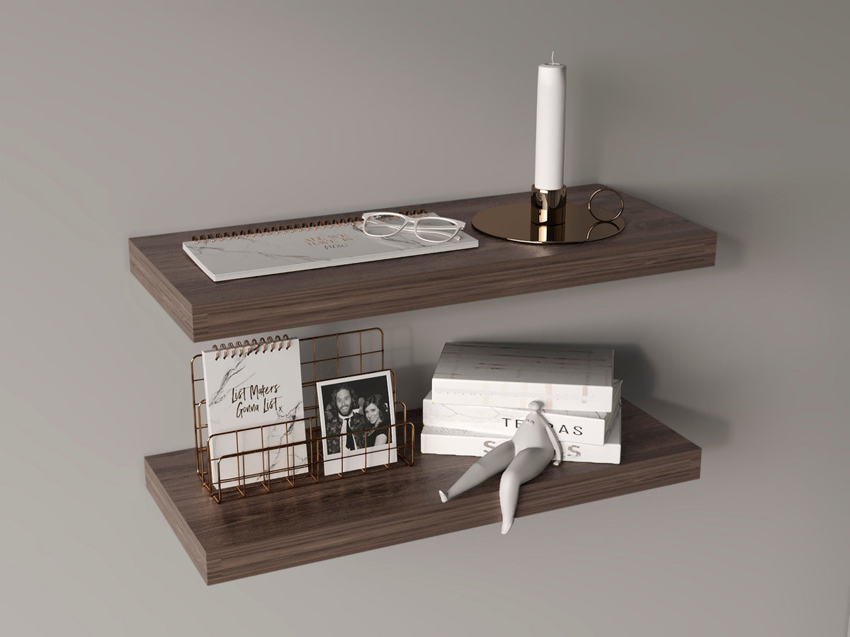 Walnut two-tier floating shelves by Anthony & Home, showcasing a modern wall-mounted storage solution with a sleek limited edition design.