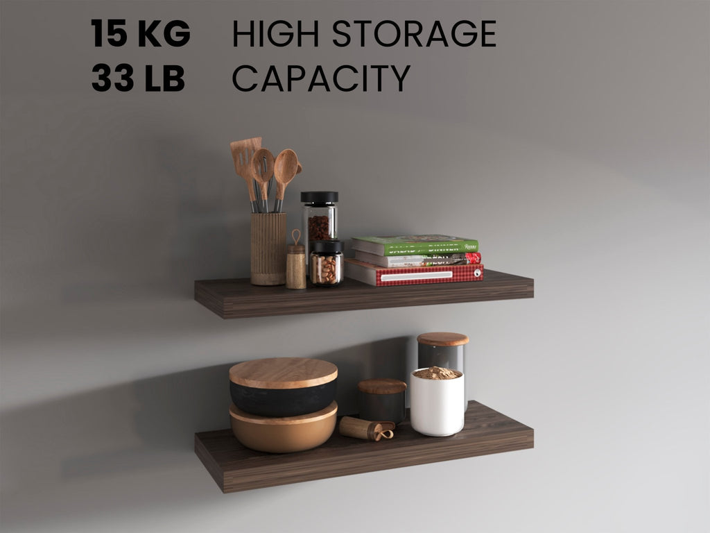 Walnut two-tier floating shelves by Anthony & Home, modern wall-mounted storage with a sleek, natural wood finish.