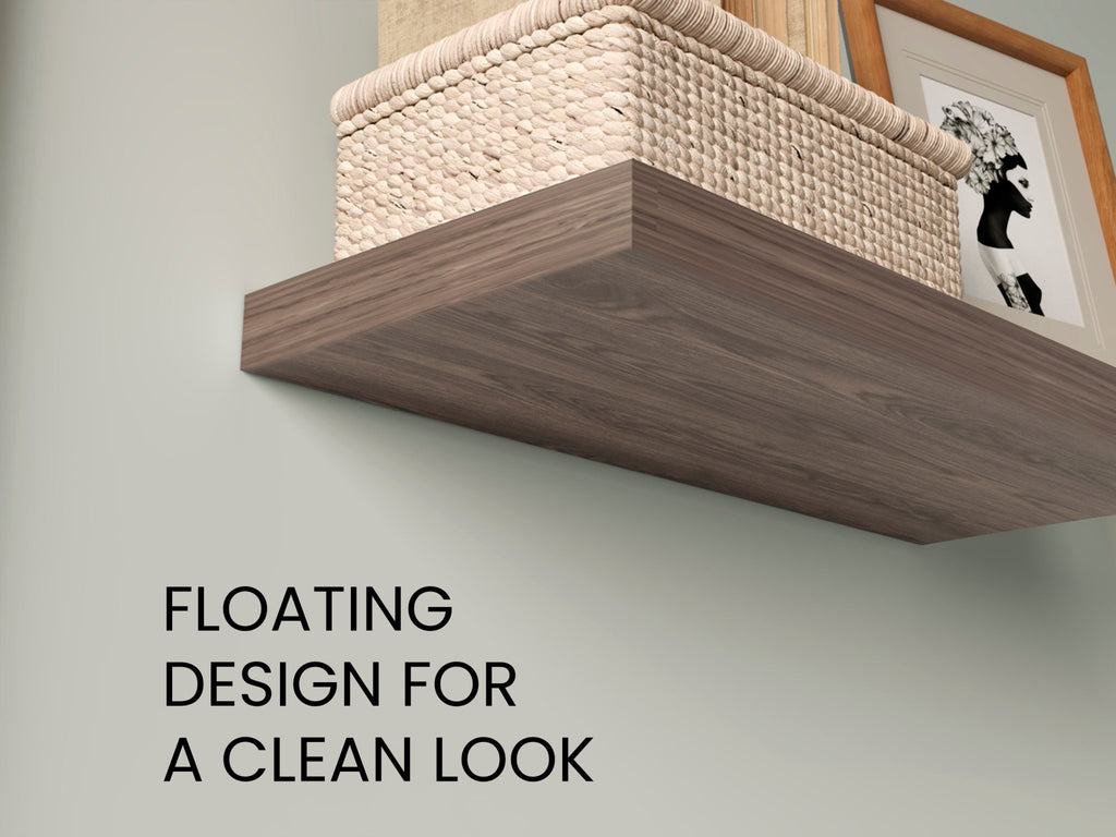 Walnut two-tier floating shelves by Anthony & Home mounted on a wall, showcasing stylish storage and display space.