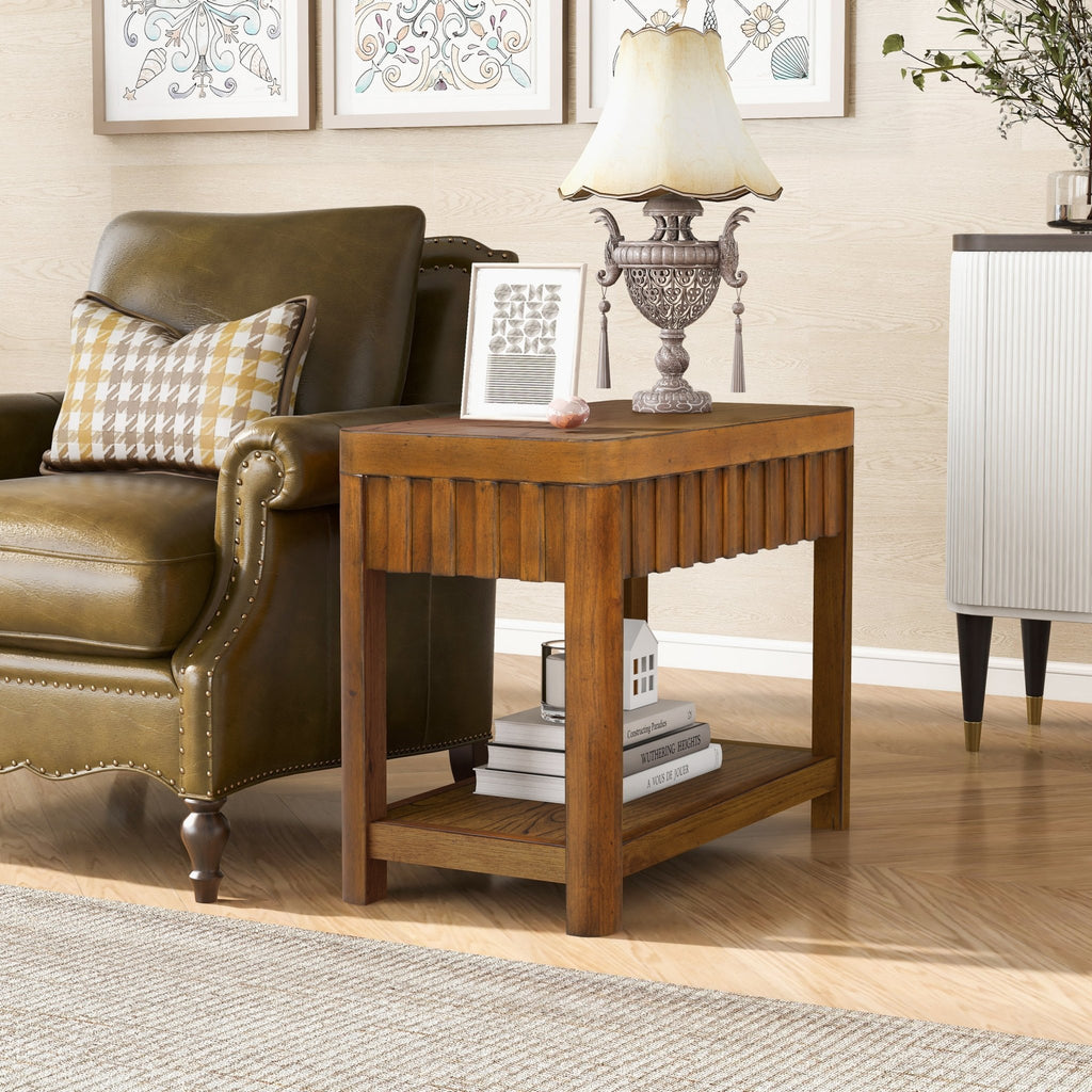 Walnut veneer farmhouse end table with storage shelf, 25-inch height, crafted by Anthony & Home, limited edition in Vietnam