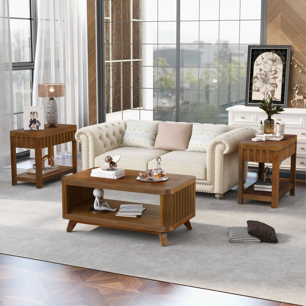 Walnut veneer farmhouse end table with storage shelf by Anthony & Home, 25-inch height, crafted in Vietnam.