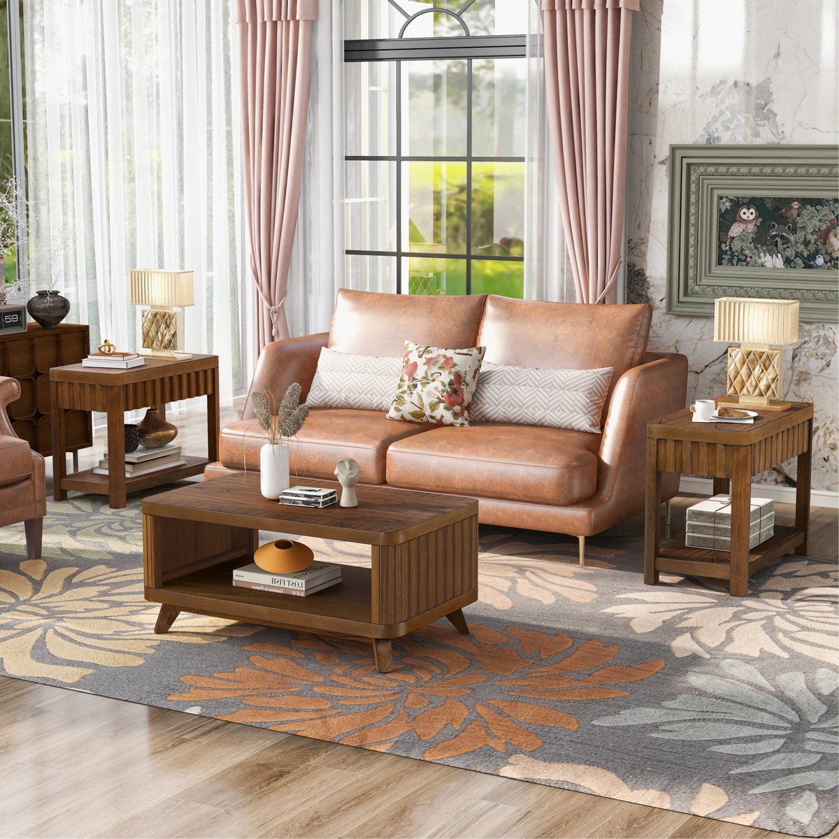 Walnut veneer farmhouse end table with storage shelf, 25-inch height, crafted in Vietnam by Anthony & Home.