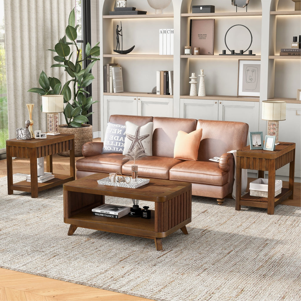 Walnut veneer farmhouse end table with storage shelf by Anthony & Home, 25-inch height, crafted in Vietnam.