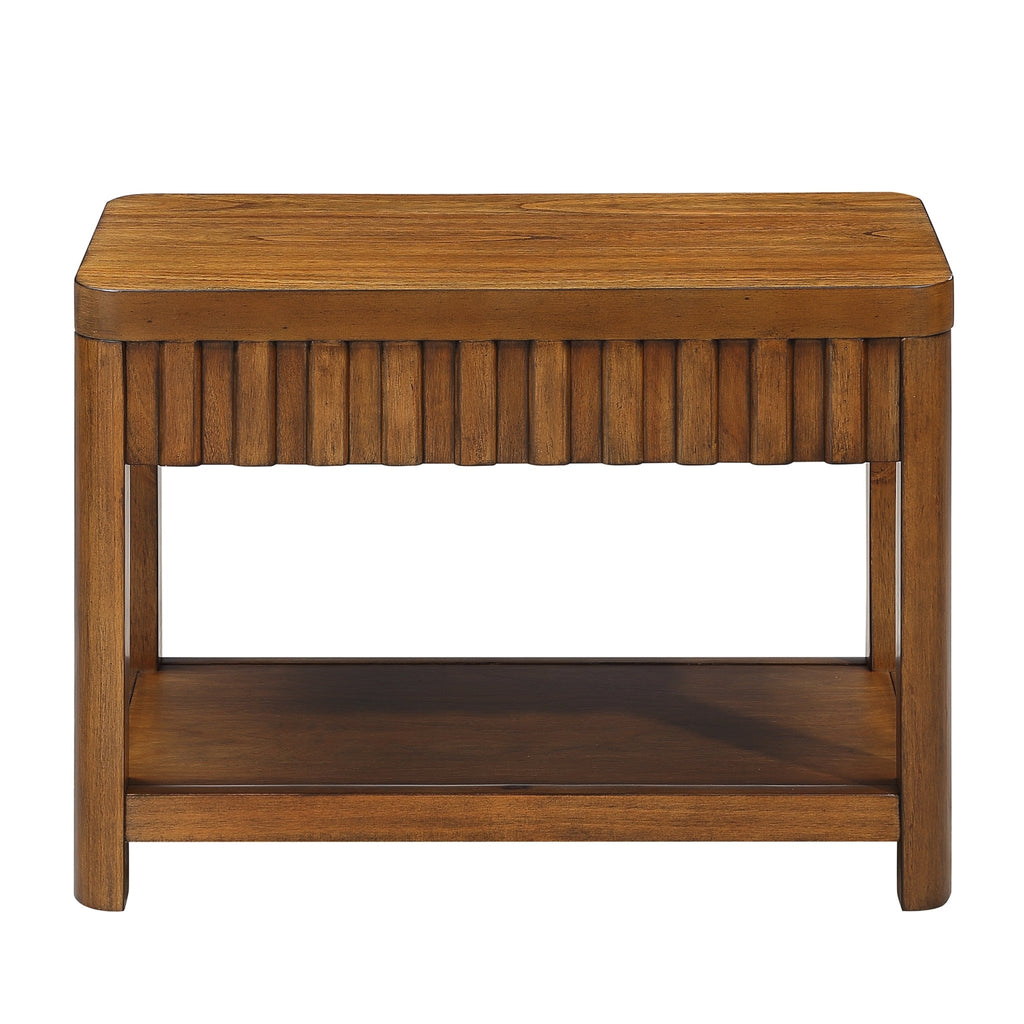 Walnut veneer farmhouse end table with storage shelf, 25-inch height, crafted by Anthony & Home in Vietnam.