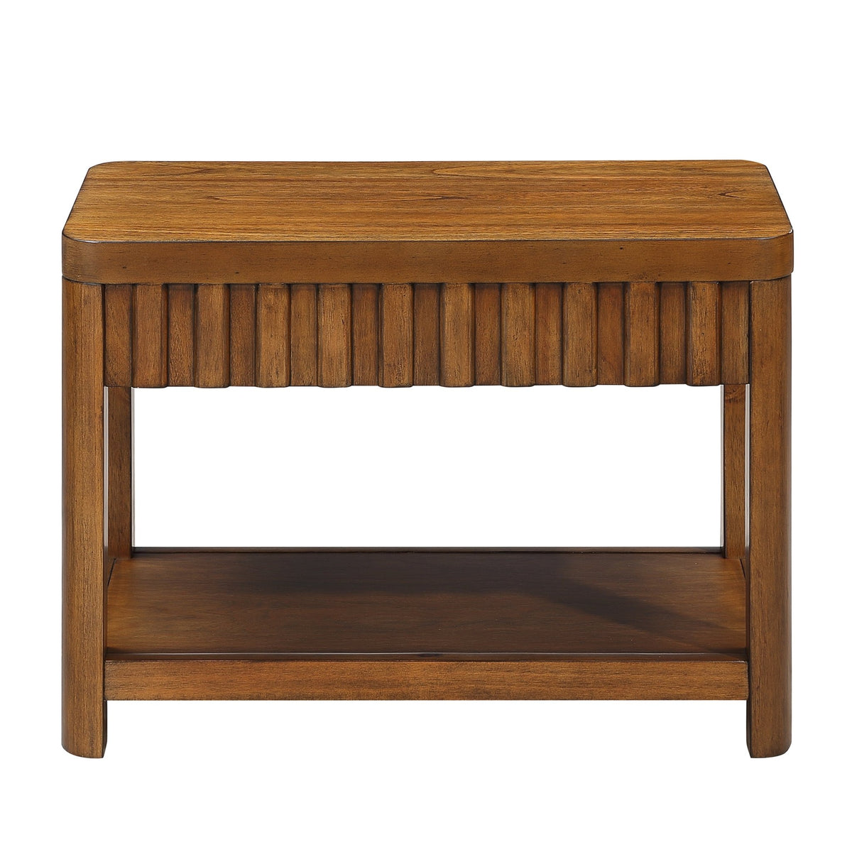 Walnut veneer farmhouse end table with storage shelf, 25-inch height, crafted by Anthony & Home in Vietnam.