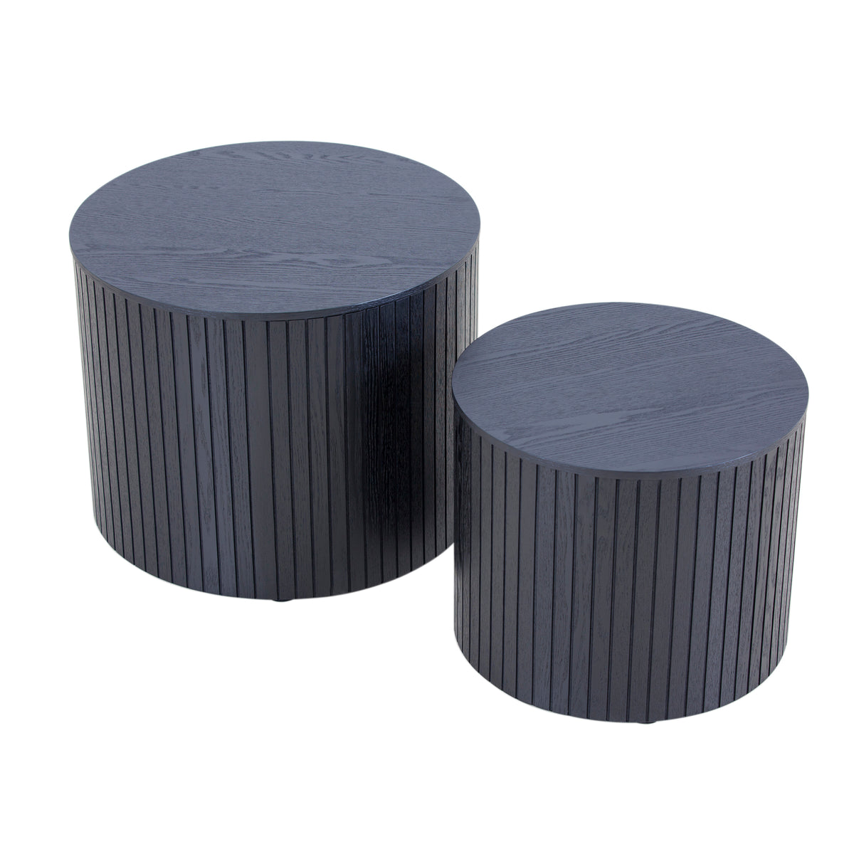 Pair of walnut veneer nesting coffee tables by Anthony & Home with sleek, modern design and smooth wooden surfaces.