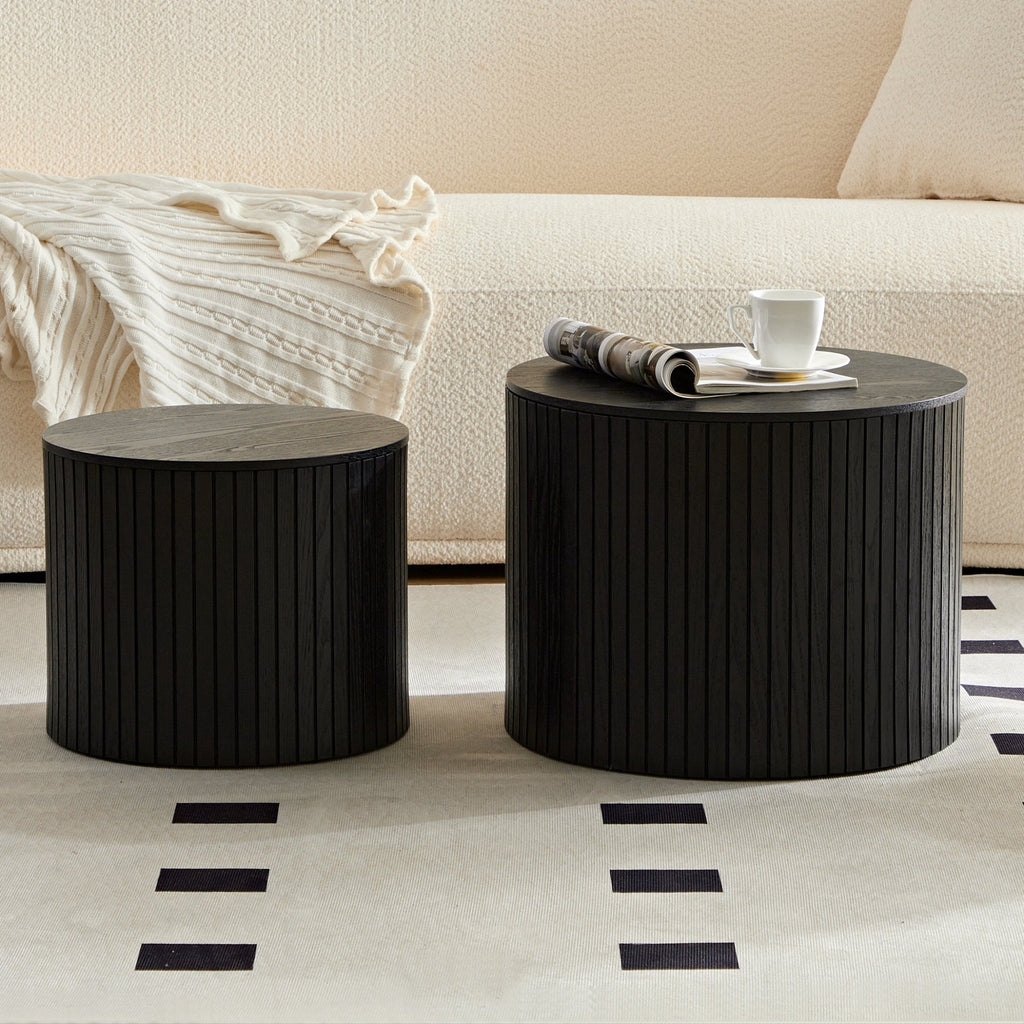 Set of walnut veneer nesting coffee tables by Anthony & Home, featuring sleek, modern design and natural wood finish.