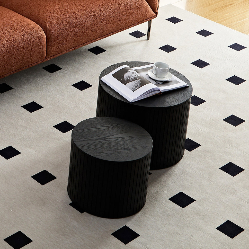 Set of Anthony & Home Walnut Veneer Nesting Coffee Tables with sleek, modern design and natural wood finish.