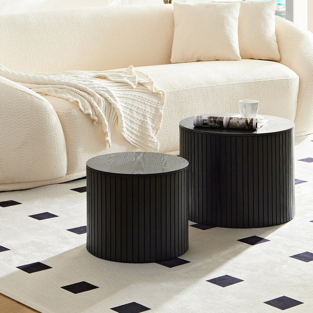 Set of three walnut veneer nesting coffee tables by Anthony & Home, featuring sleek modern design and natural wood finish.