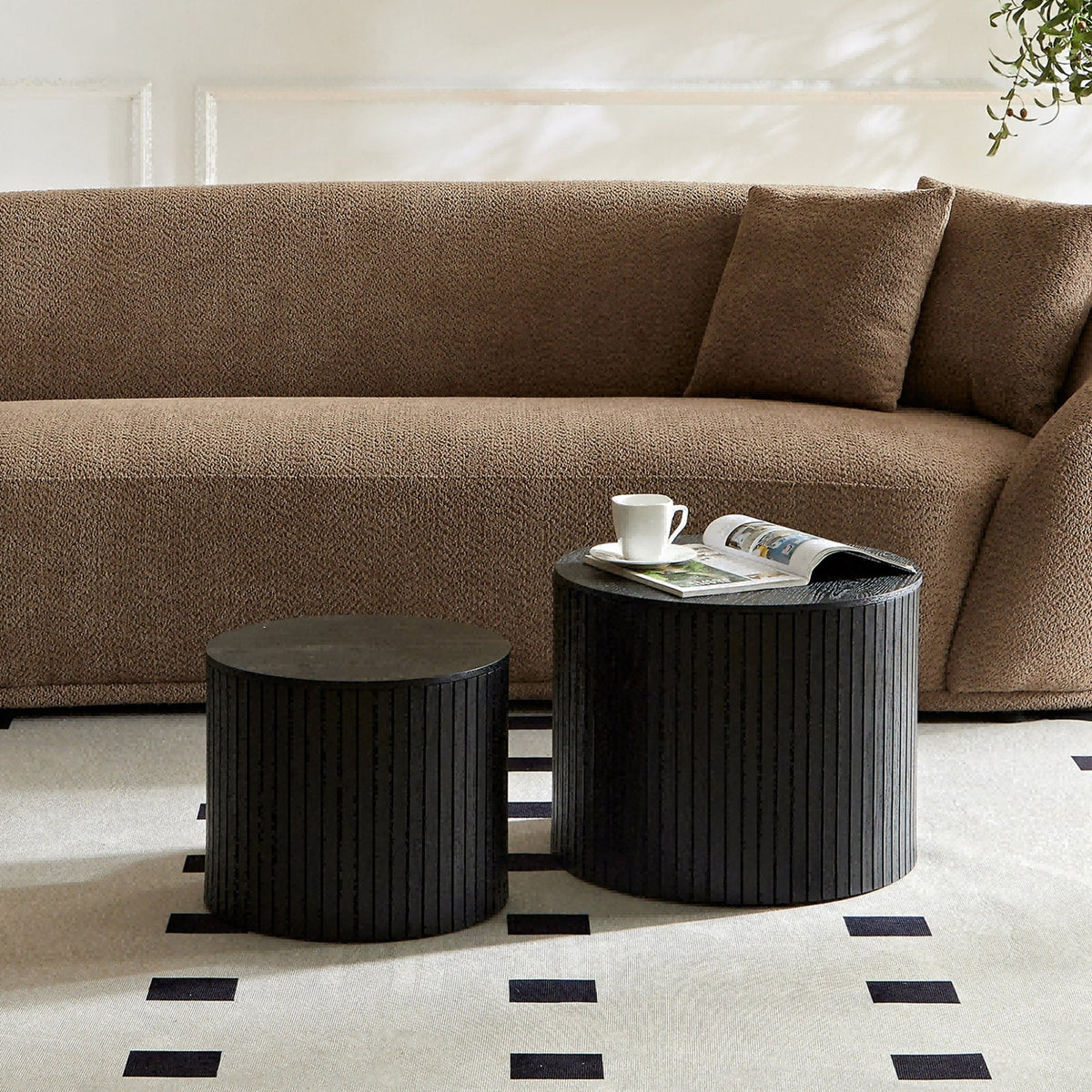 Set of Anthony & Home Walnut Veneer Nesting Coffee Tables showing smooth wooden surfaces and modern design.