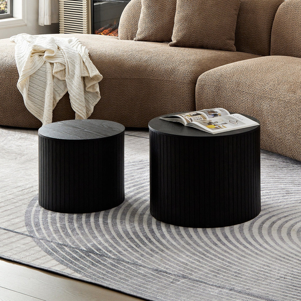 Stacked walnut veneer nesting coffee tables by Anthony & Home, featuring sleek modern design and natural wood grain finishes.