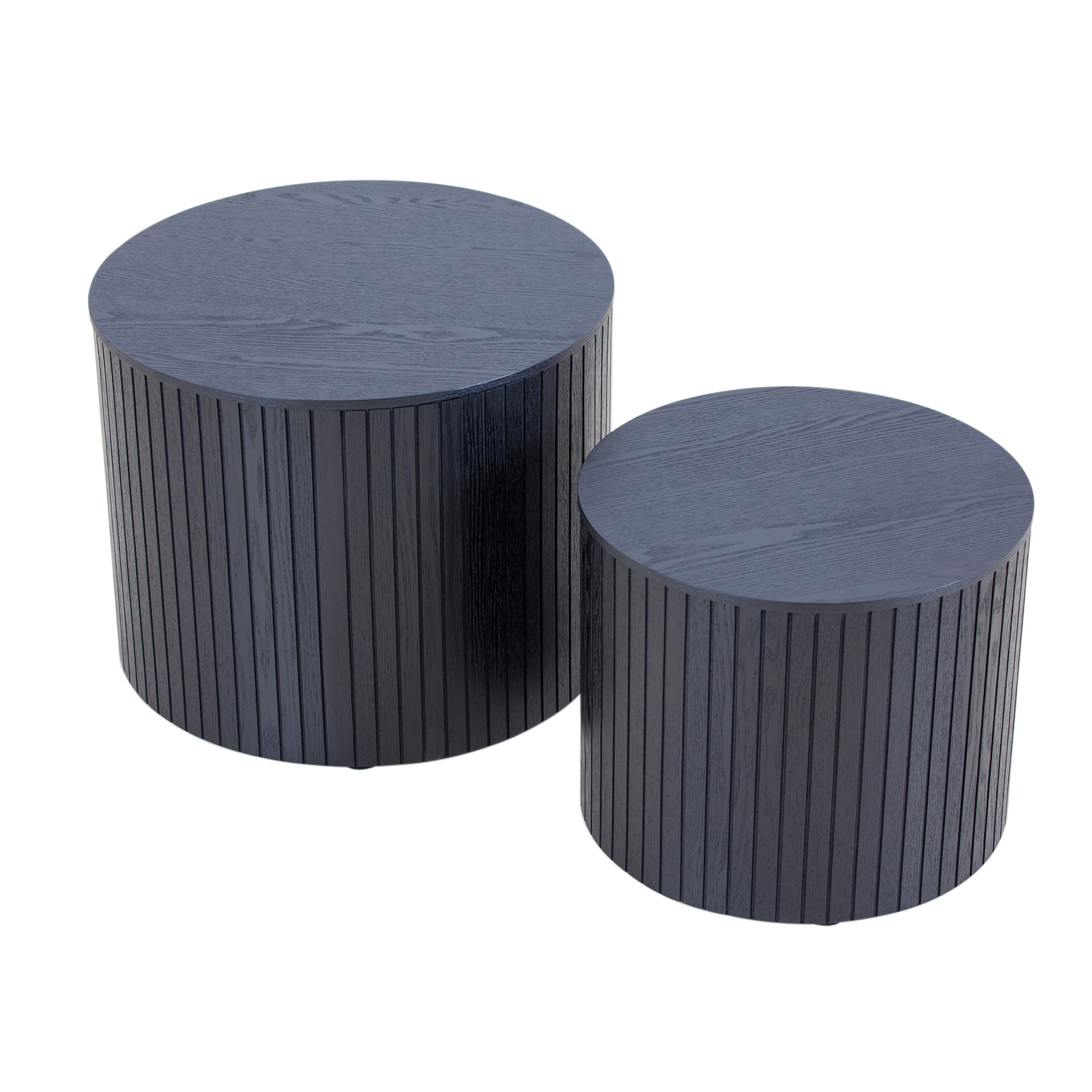 Two black walnut veneer nesting coffee tables by Anthony & Home, featuring a sleek modern design and smooth finish.