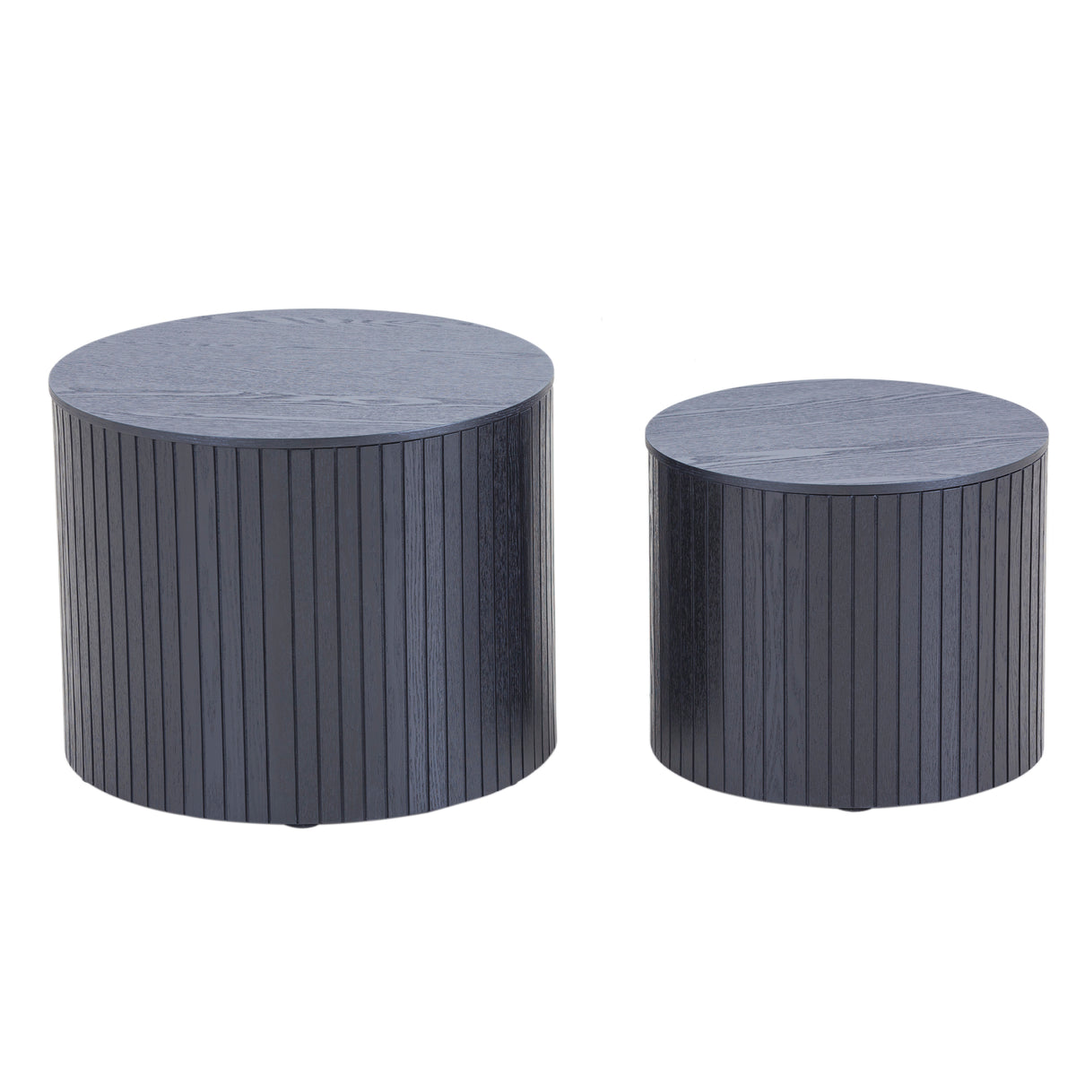 Black walnut veneer nesting coffee tables from Anthony & Home, two-piece set with sleek modern design and natural wood finish.