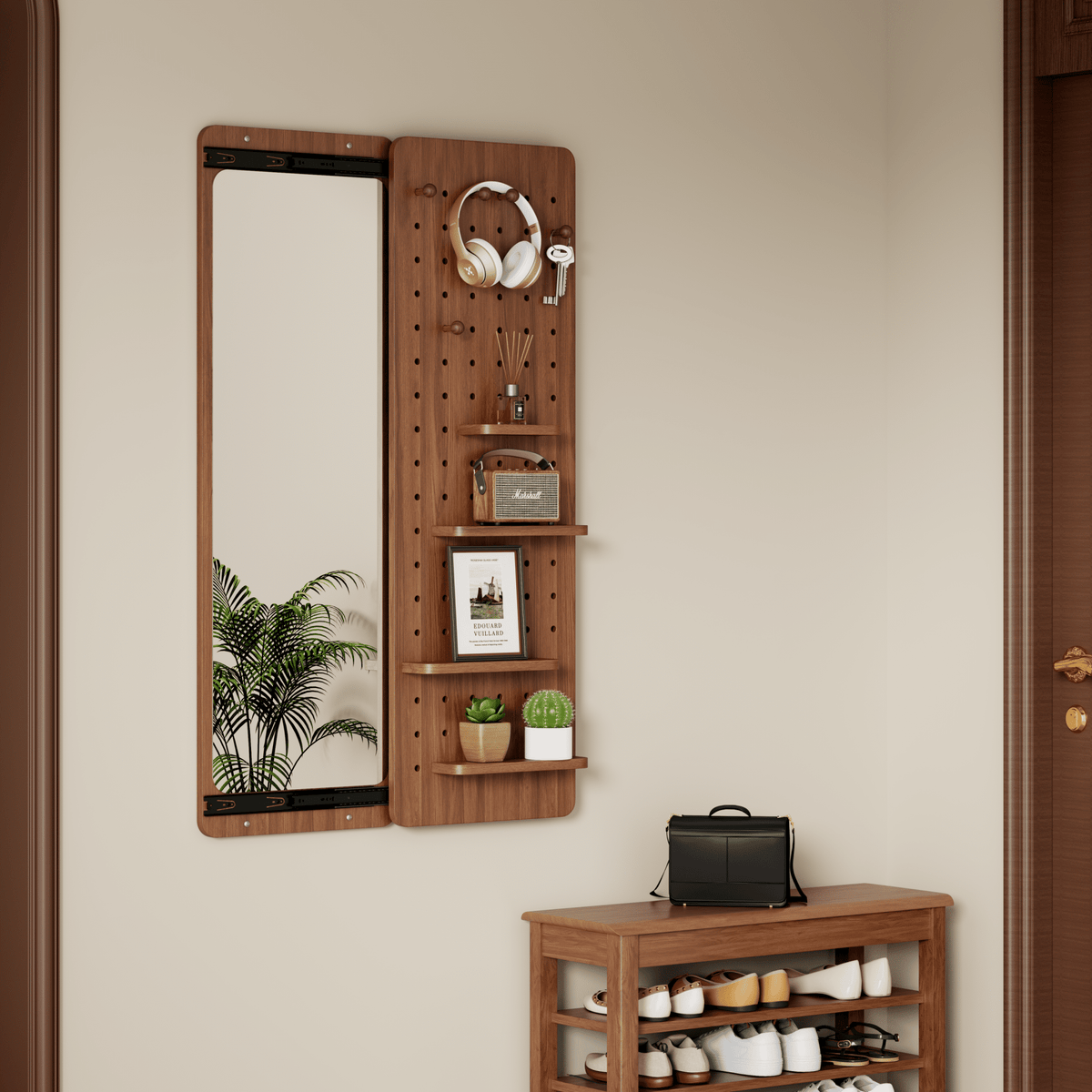 Walnut wall-mounted full-length mirror by Anthony & Home showcasing a sleek, modern design with a natural wood finish.