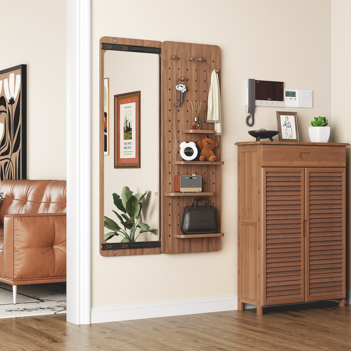 Walnut wall-mounted full-length mirror by Anthony & Home showing a sleek, modern design with a natural wood frame.