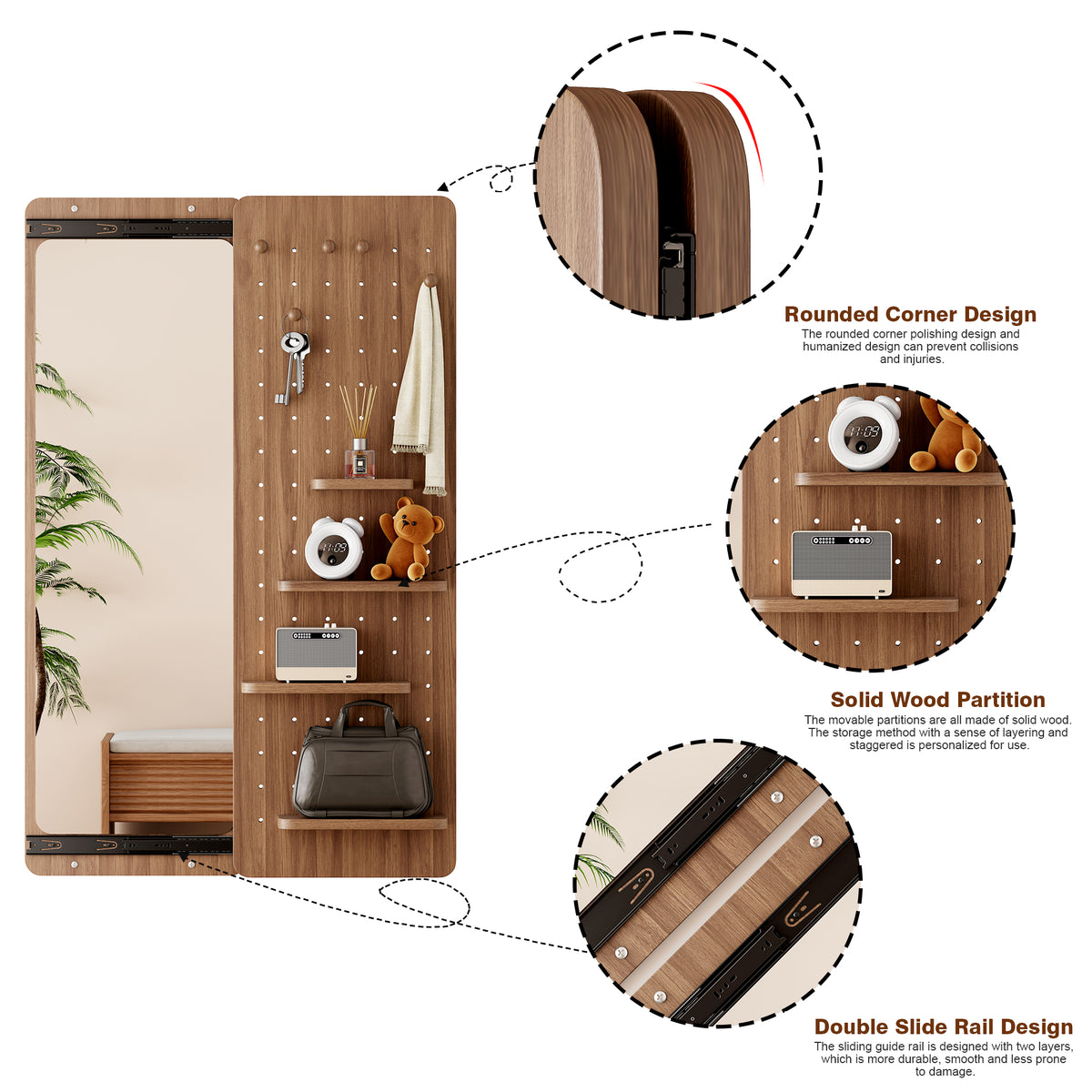 Walnut wall-mounted full-length mirror by Anthony & Home showing a sleek, modern design with a natural wood finish.