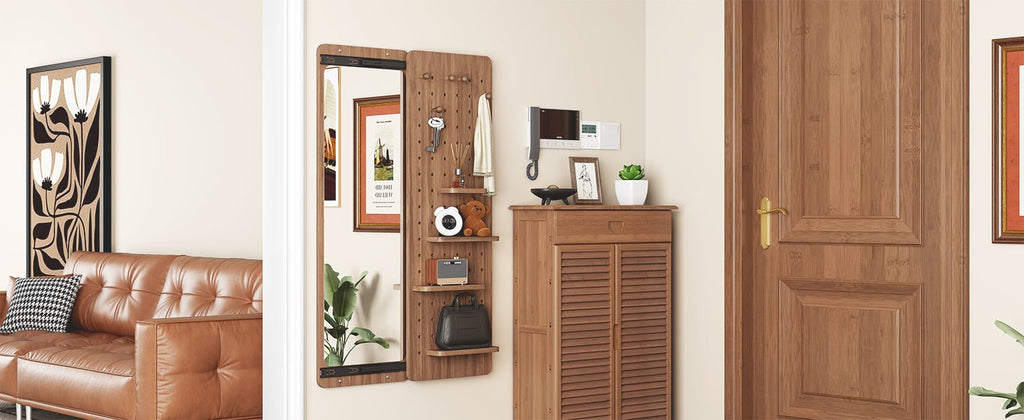 Walnut wall-mounted full-length mirror with sleek signature frame, showcasing a modern, elegant design for contemporary home decor.