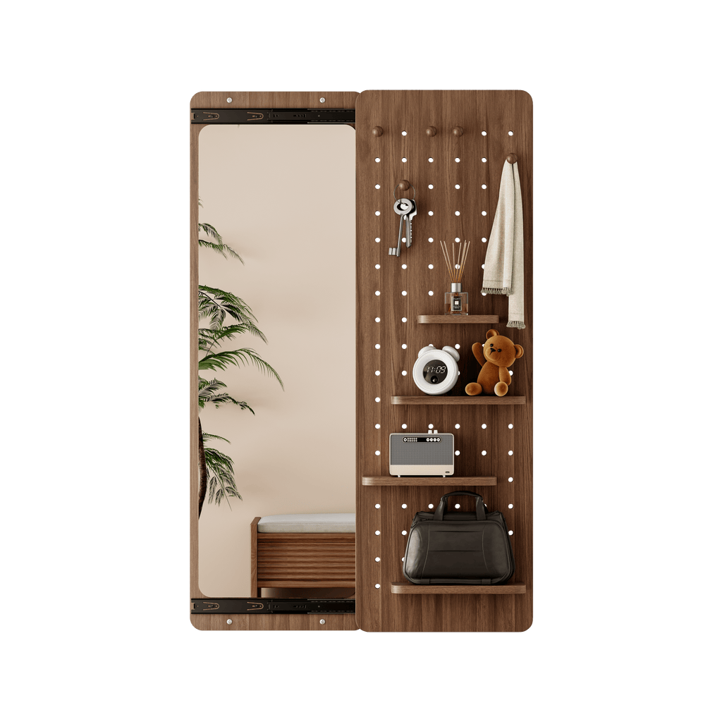 Walnut wall-mounted full-length mirror by Anthony & Home reflecting a modern interior space.