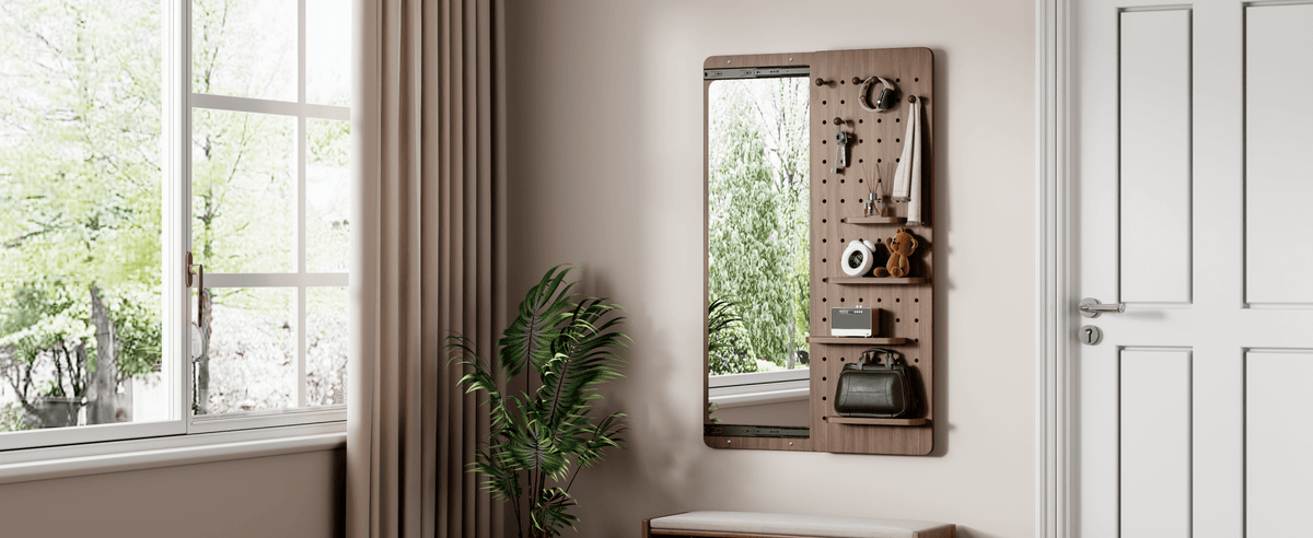 Walnut wall-mounted full-length mirror by Anthony & Home, showcasing a sleek, modern design with a full reflection.
