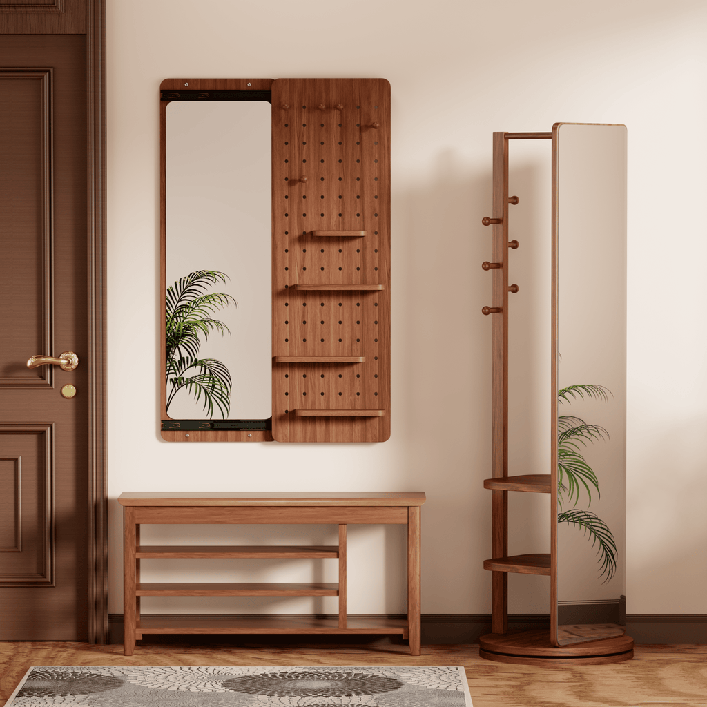 Walnut wall-mounted full-length mirror by Anthony & Home, featuring a sleek, modern design with a sturdy frame, ideal for bedroom or hallway.